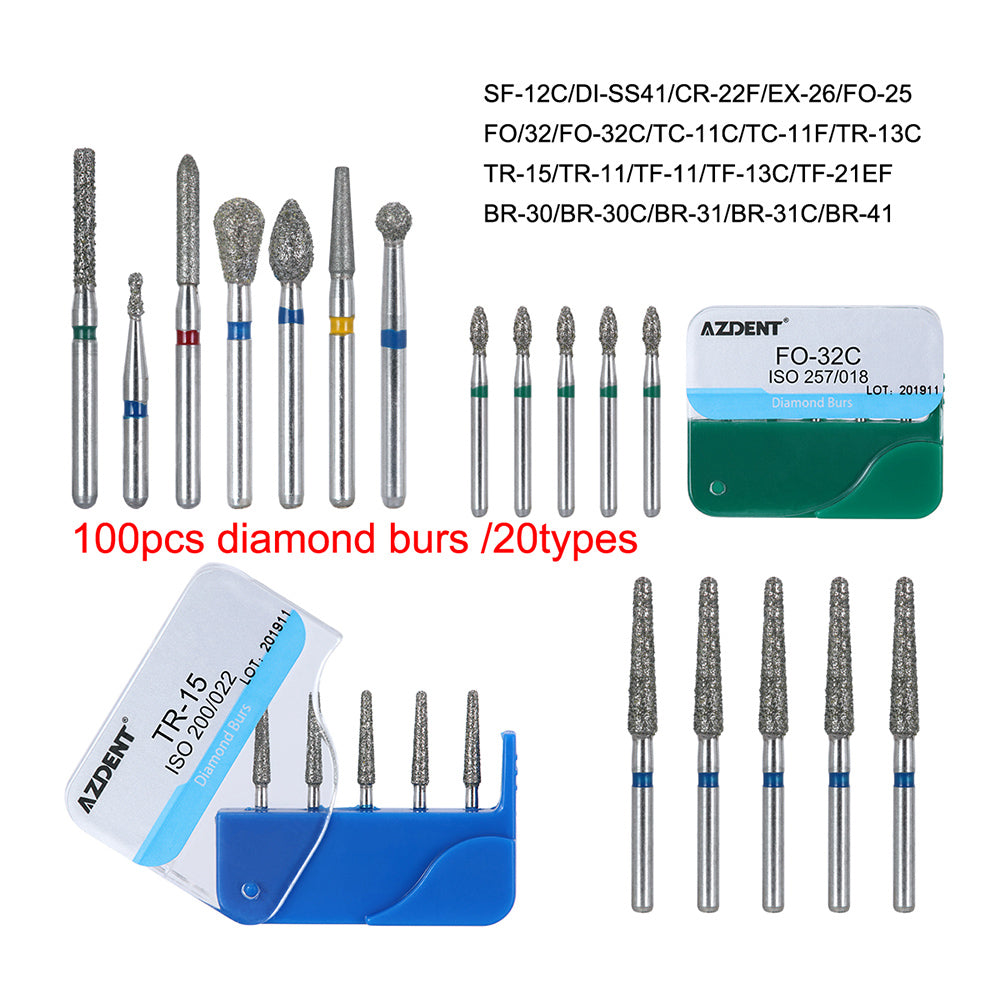 100pcs AZDENT Dental Diamond Burs FG 1.6MM 20 Fixed Types 20 Boxs/Kit - azdentall.com