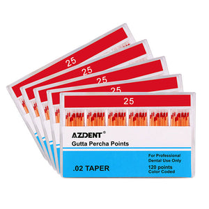 5 Boxes AZDENT Gutta Percha Points #25 Taper Size 0.02 Color Coded 120/Box - azdentall.com
