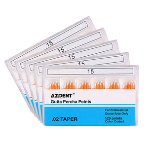 5 Boxes AZDENT Gutta Percha Points #15 Taper Size 0.02 Color Coded 120/Box - azdentall.com