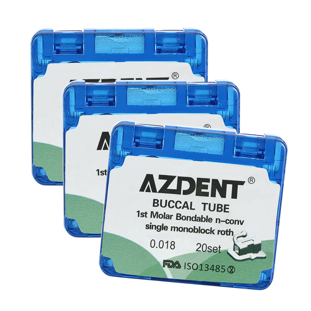 AZDENT Dental Orthodontic Buccal Tube 1st Molar Bondable MIM Monoblock Non-convertible Roth 0.018 20Sets/Box - azdentall.com