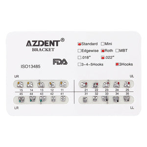 AZDENT Dental Metal Brackets Standard Roth Slot .022 Hooks on 3 20pcs/Pk - azdentall.com