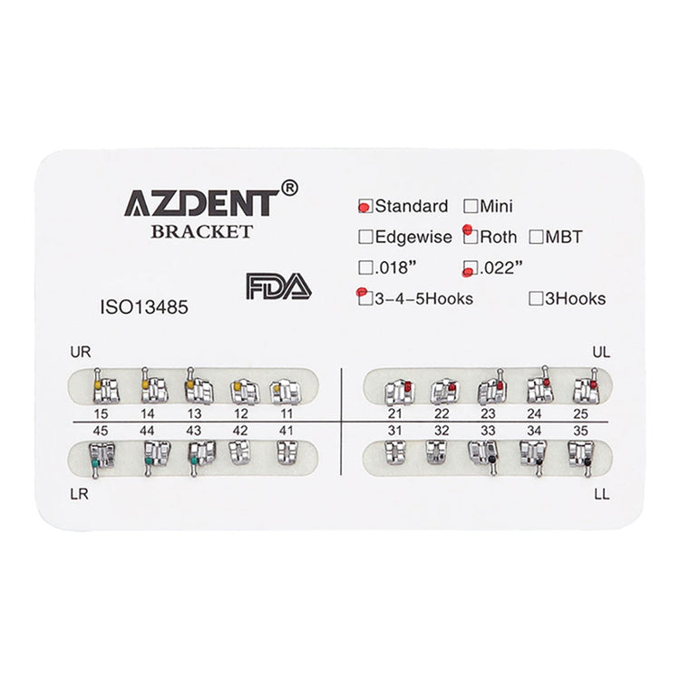 AZDENT Dental Metal Brackets Standard Roth Slot .022 Hooks on 345 20pcs/Pk - azdentall.com