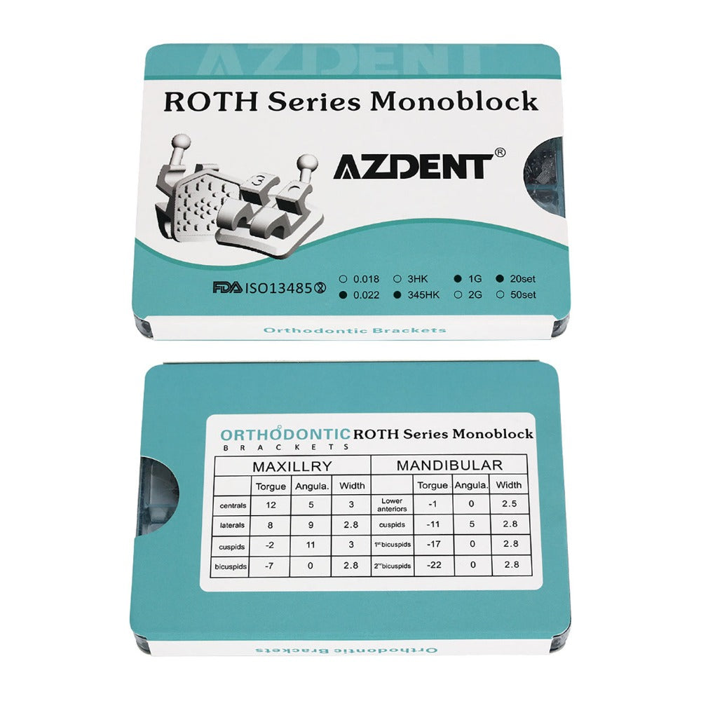 AZDENT Dental Orthodontic Mini Metal Brackets Braces Roth .022 MIM Monoblock With Hooks On 345 400pcs/Box - azdentall.com