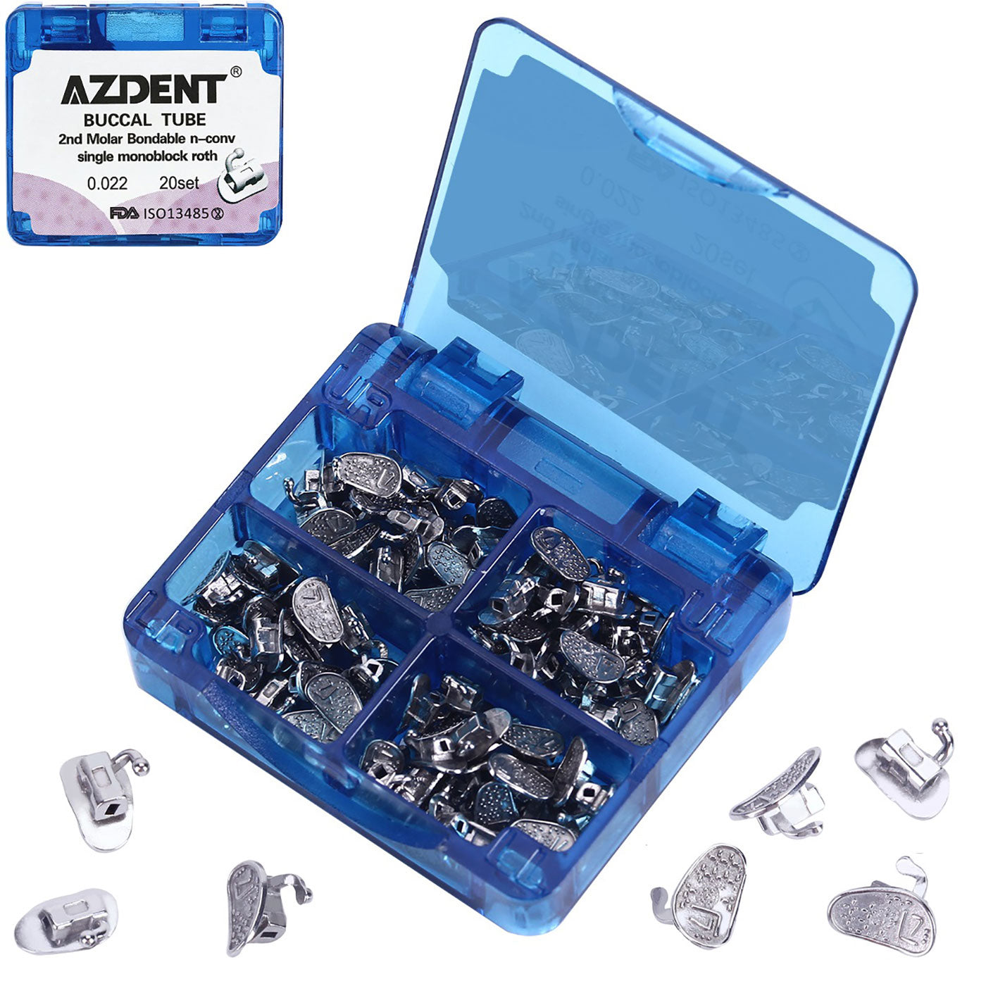 AZDENT Dental Orthodontic Buccal Tube 2nd Molar Bondable Monoblock Non-convertible Roth 0.022 20Sets/Box - azdentall.com