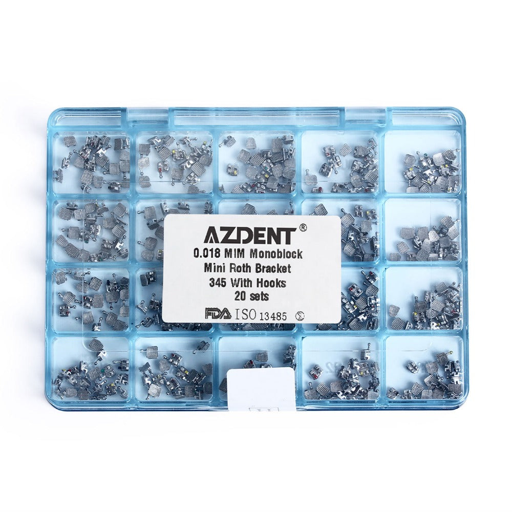 AZDENT Dental Mini Metal Brackets Monoblock Roth .022/.018 Hooks on 345 20 Sets/Box - azdentall.com