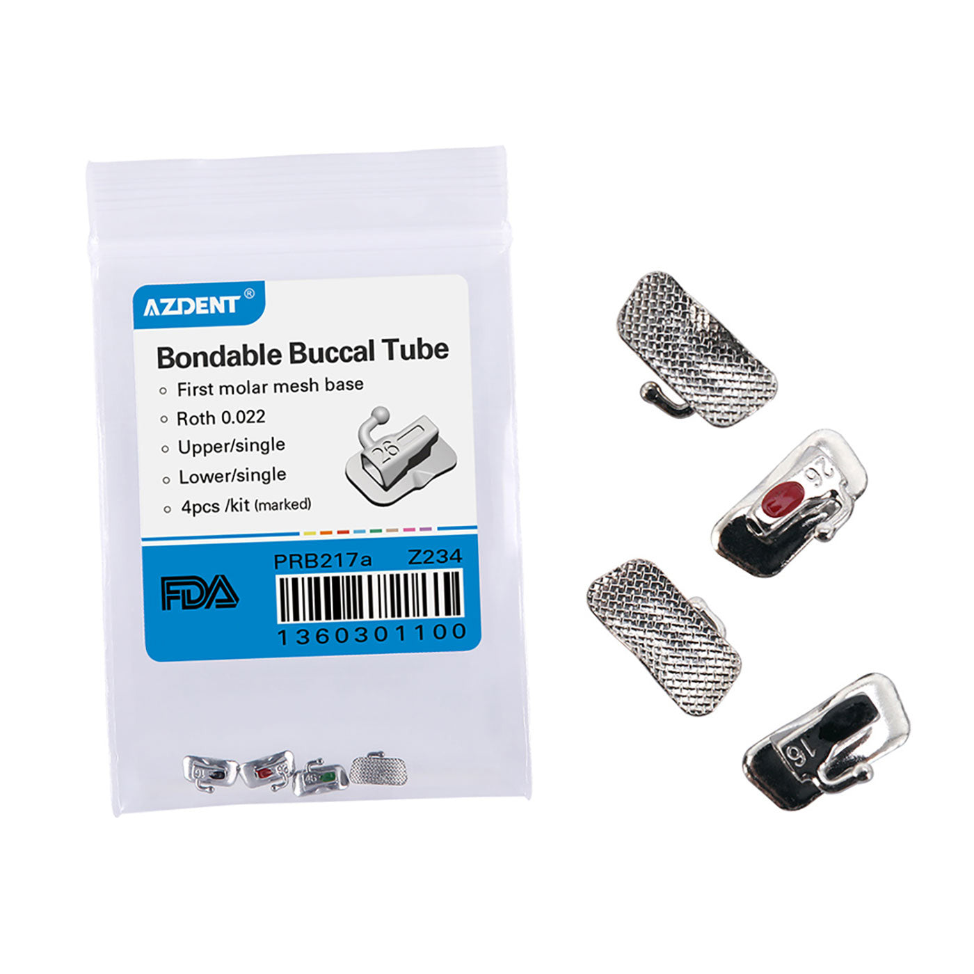 AZDENT Buccal Tube 1st Molar Bondable Non-Convertible Roth 0.022 Laser Mark Assorted Quadrants(UR UL LL & LR) 4/Bag - azdentall.com