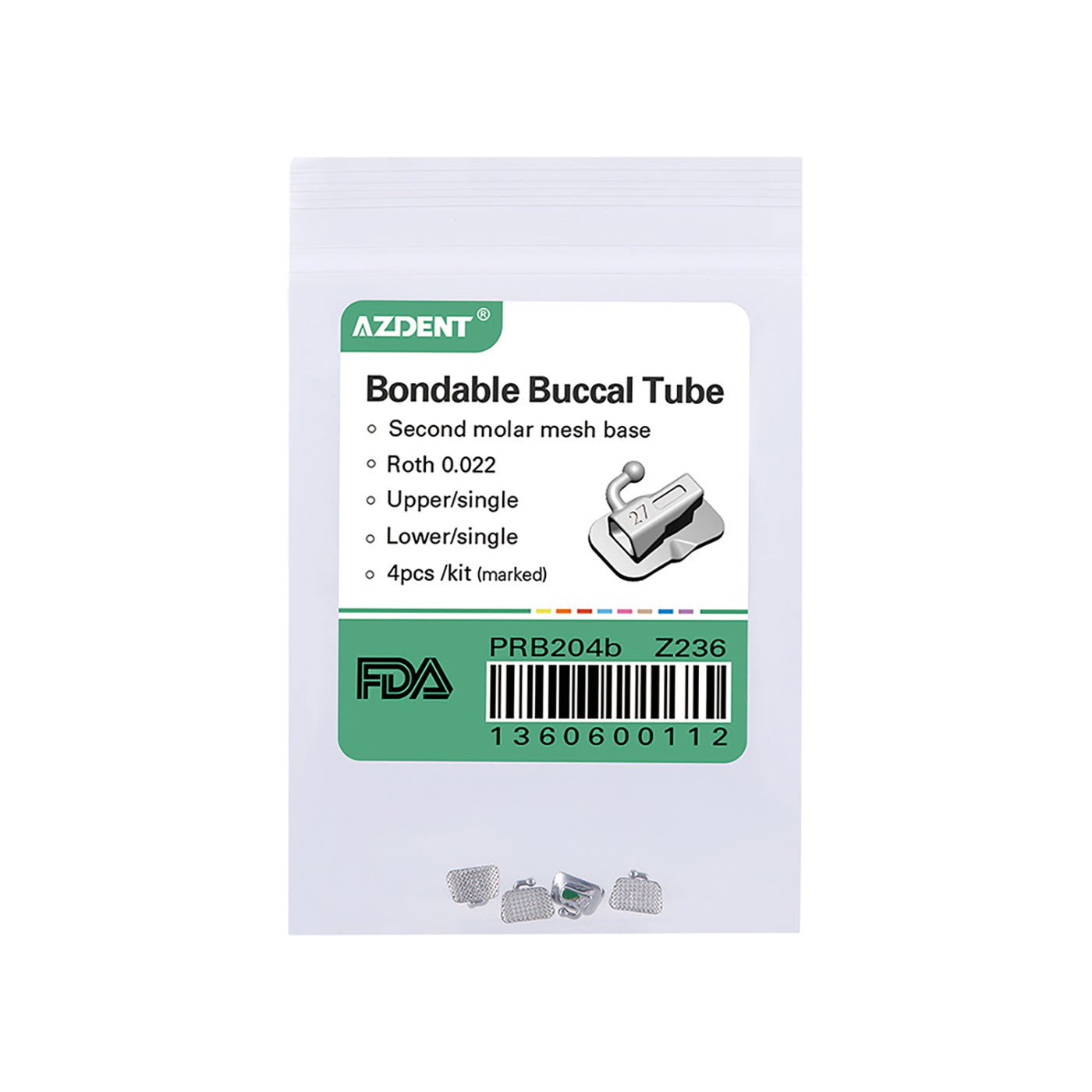 AZDENT Dental Orthodontic Buccal Tube 2nd Molar Bondable Non-Convertible Roth 0.022 Laser Mark 4pcs/Bag - azdentall.com