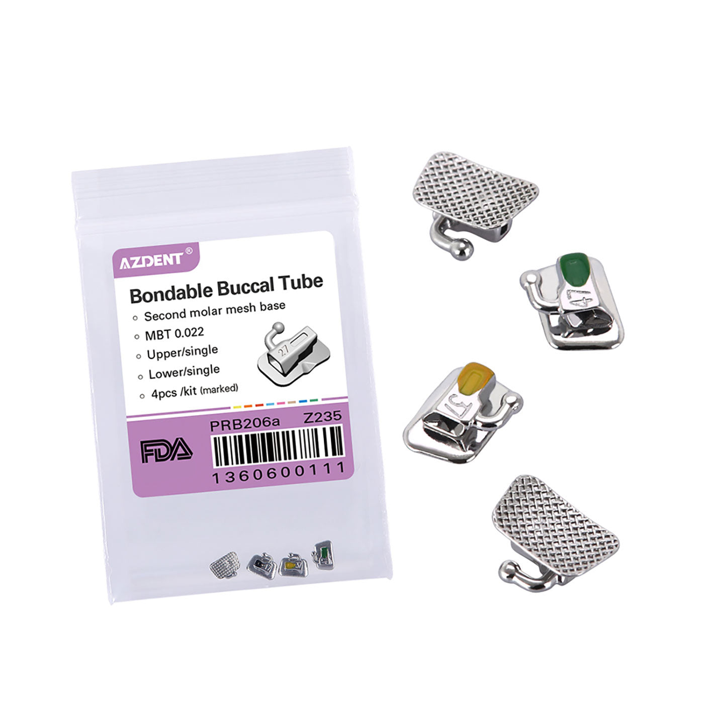 AZDENT Dental Orthodontic Buccal Tube 2nd Molar Bondable Non-Convertible MBT 0.022 Laser Mark 4pcs/Bag - azdentall.com