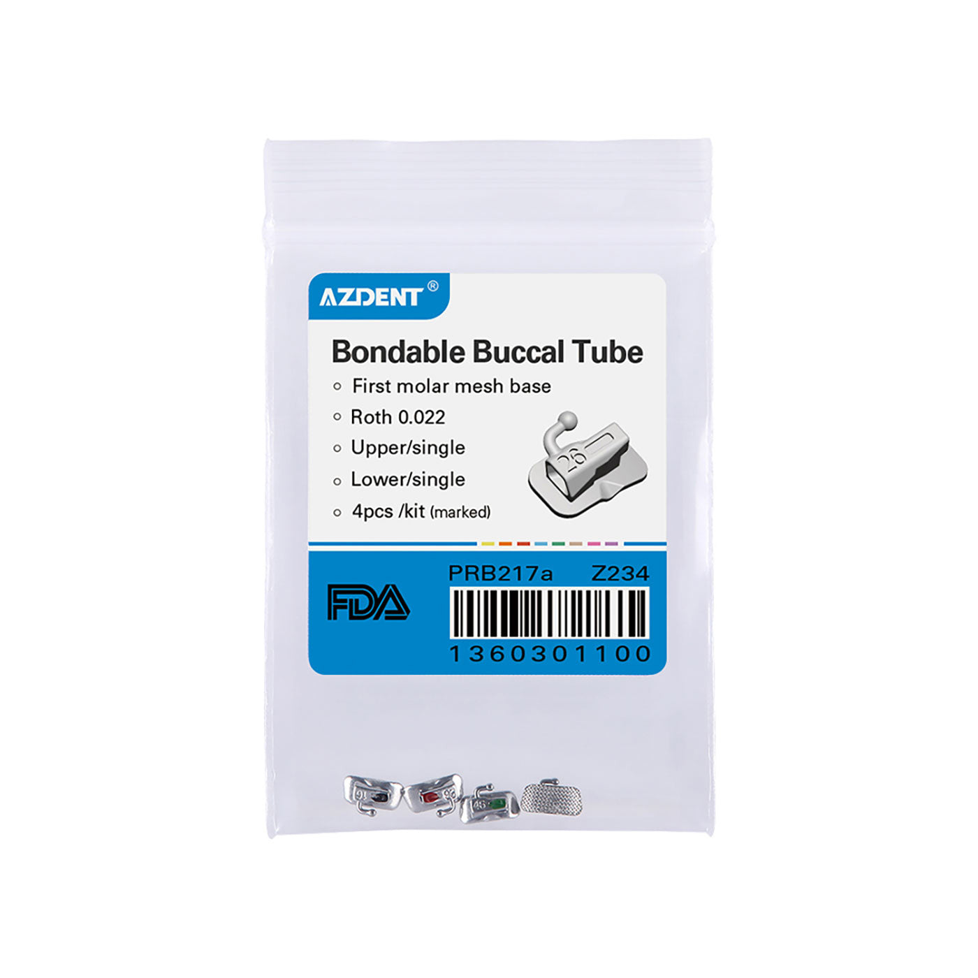 AZDENT Dental Orthodontic Buccal Tube 1st Molar Bondable Non-Convertible Roth 0.022 Laser Mark Assorted Quadrants(UR UL LL LR) 4pcs/Bag - azdentall.com