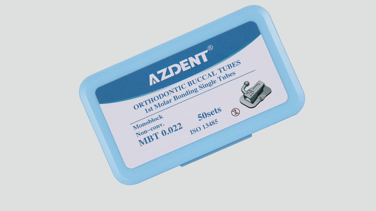 Load video: AZDENT Dental Orthodontic Buccal Tube 1st Molar Bondable MIM Monoblock Non-Convertible MBT 0.022 50Sets/Box - azdentall.com
