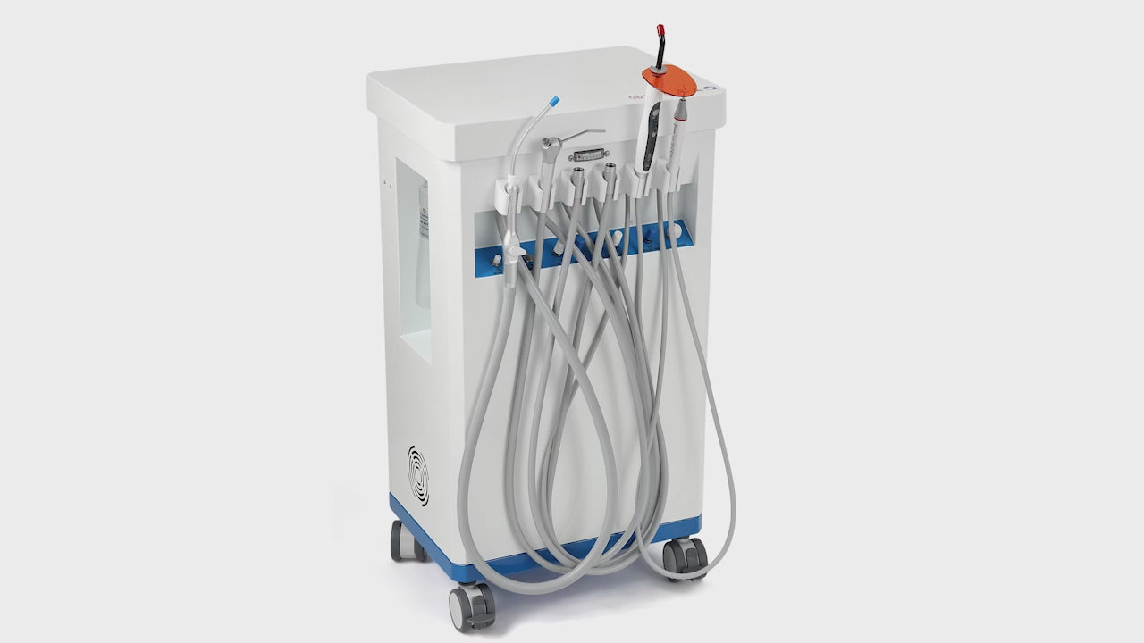 Load video: Portable Dental Unit Delivery Cart 4 Holes with Woodpecker Ultrasonic Scaler &amp; Curing Light - azdentall.com