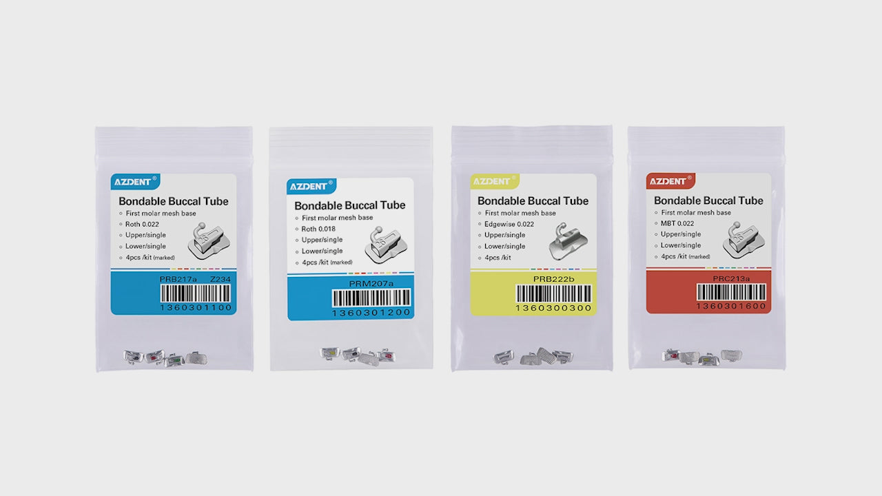 Load video: AZDENT Dental Orthodontic Buccal Tube 1st Molar Bondable Non-Convertible Roth 0.018 Laser Mark 4pcs/Bag - azdentall.com