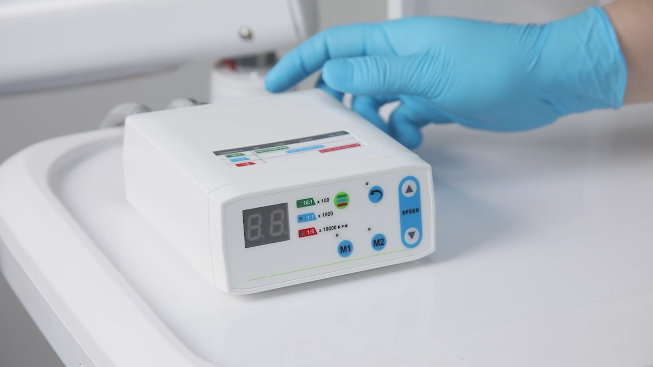 Load video: Dental LED Brushless Electric Micro Motor Internal Spray 1:1/1:5/16:1 4/2 Hole - azdentall.com