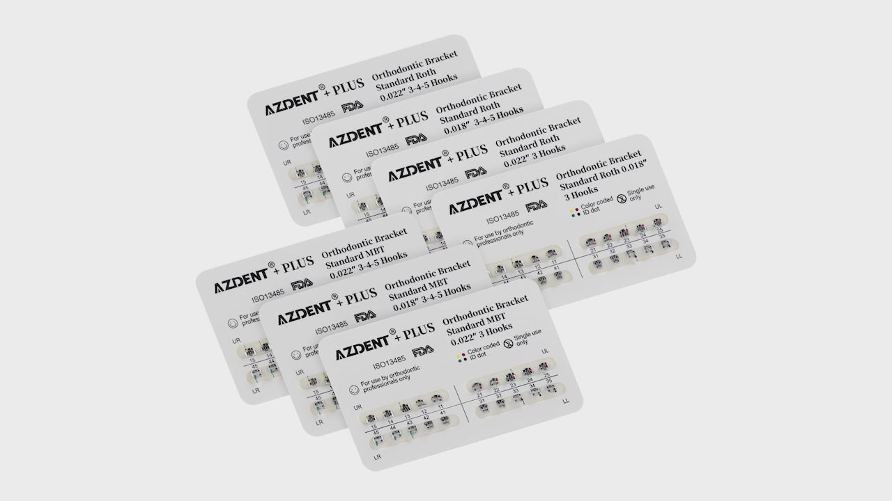 Load video: AZDENT PLUS Dental Metal Brackets Braces Standard Roth/MBT .022/.018 Hooks 3/3-4-5 20pcs/Pack - azdentall.com