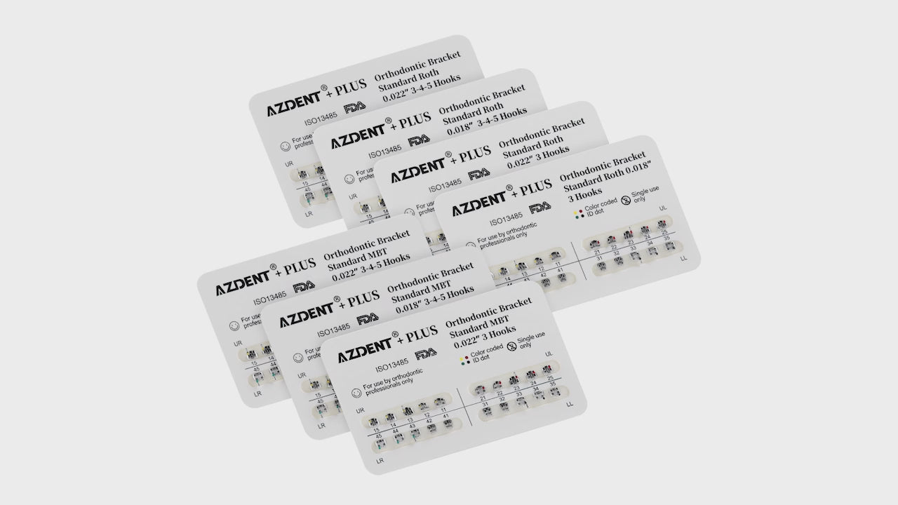 AZDENT PLUS Dental Metal Brackets Braces Standard Roth/MBT .022/.018 Hooks 3/3-4-5 20pcs/Pack - azdentall.com