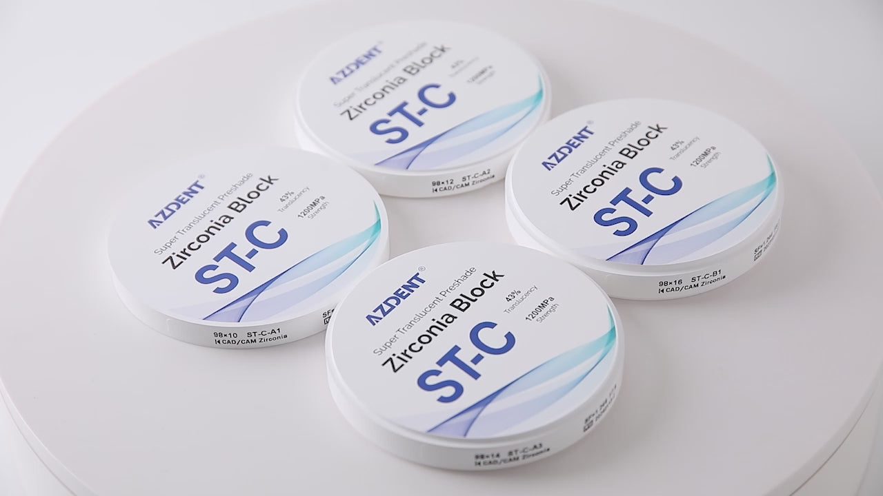 Load video: AZDENT Dental ST-C Pre-Shade Zirconia Block Disc High Translucency 98mm - azdentall.com