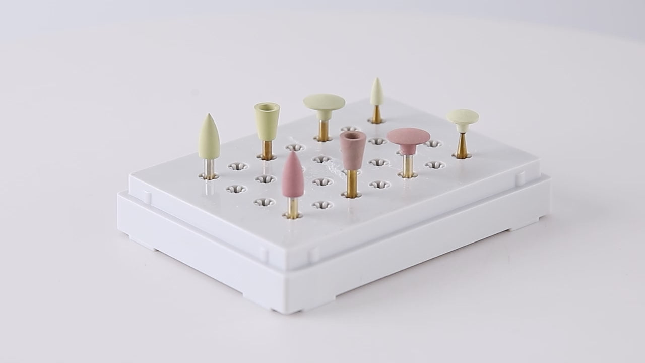 Load video: Dental Zirconia Grinding and Polishing Kit Ceramic/ Rubber Diamond Polishers for Contra Angle Handpiece RA2.35mm 8pcs/Box - azdentall.com