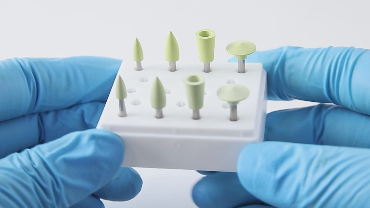 Load video: Dental Composite Silicone Polishing Kit RA2.35mm Medium and Fine 8Pcs/Box - azdentall.com