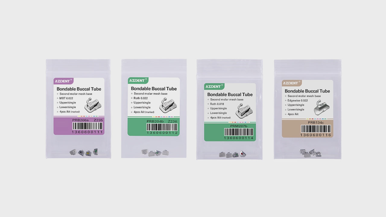 Load video: AZDENT Dental Orthodontic Buccal Tube 2nd Molar Bondable Non-convertible Single Edgewise 0.022 4pcs/Bag - azdentall.com