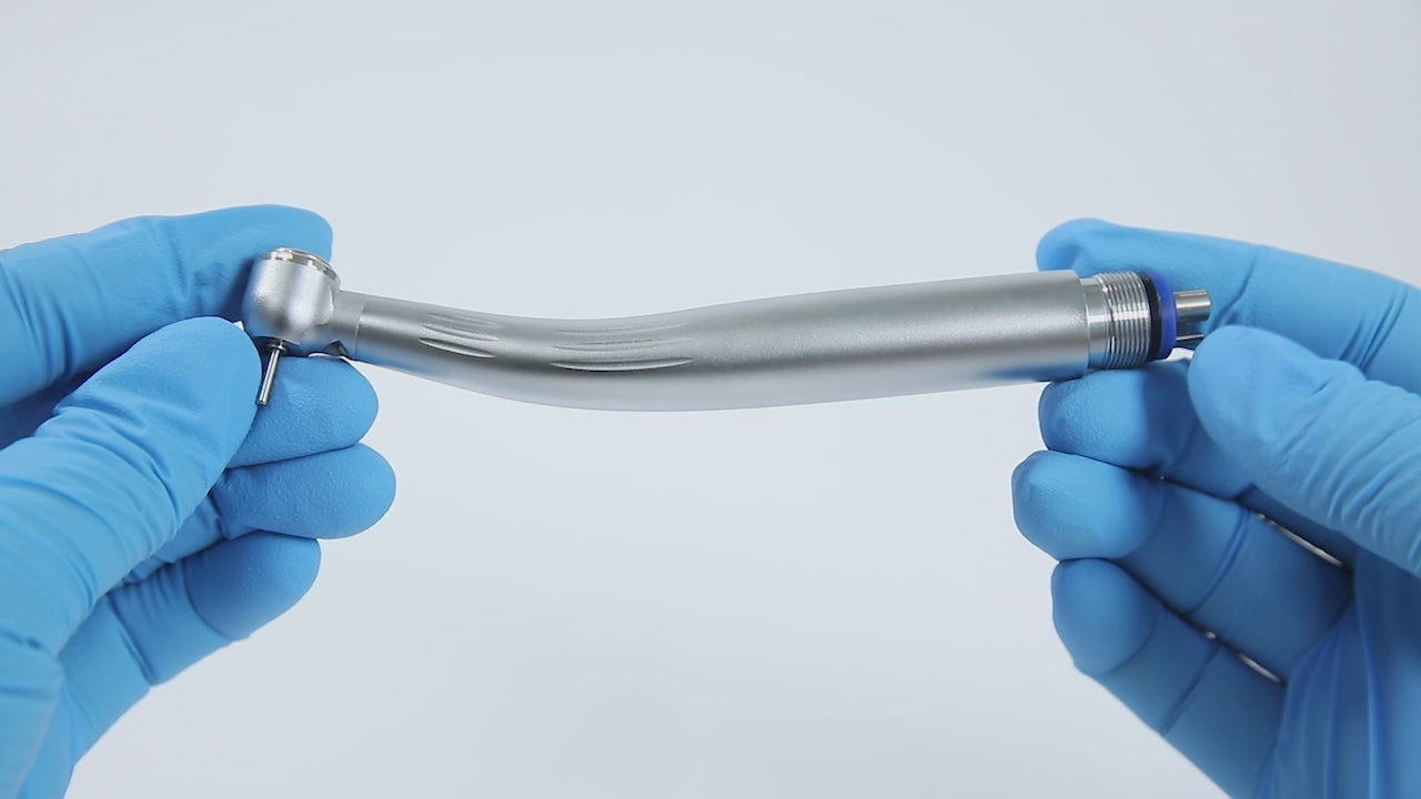 Load video: AZDENT High Speed Handpiece Torque Head Push Button E-generator LED Triple Water Spray Ceramic Bearings 4 Hole - azdentall.com
