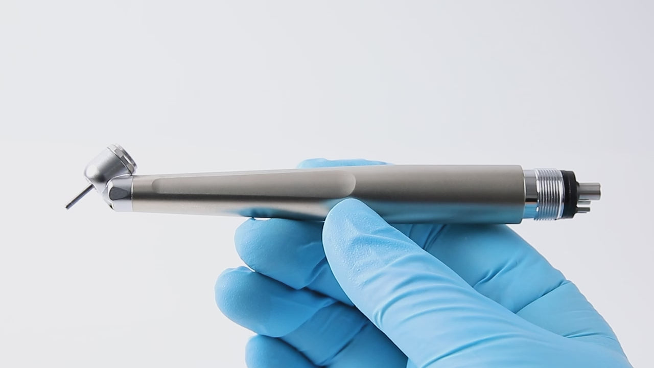 Load video: AZDENT Dental 45 Degree LED High Speed Handpiece E-generator Standard Head Push Button 4 Hole - azdentall.com