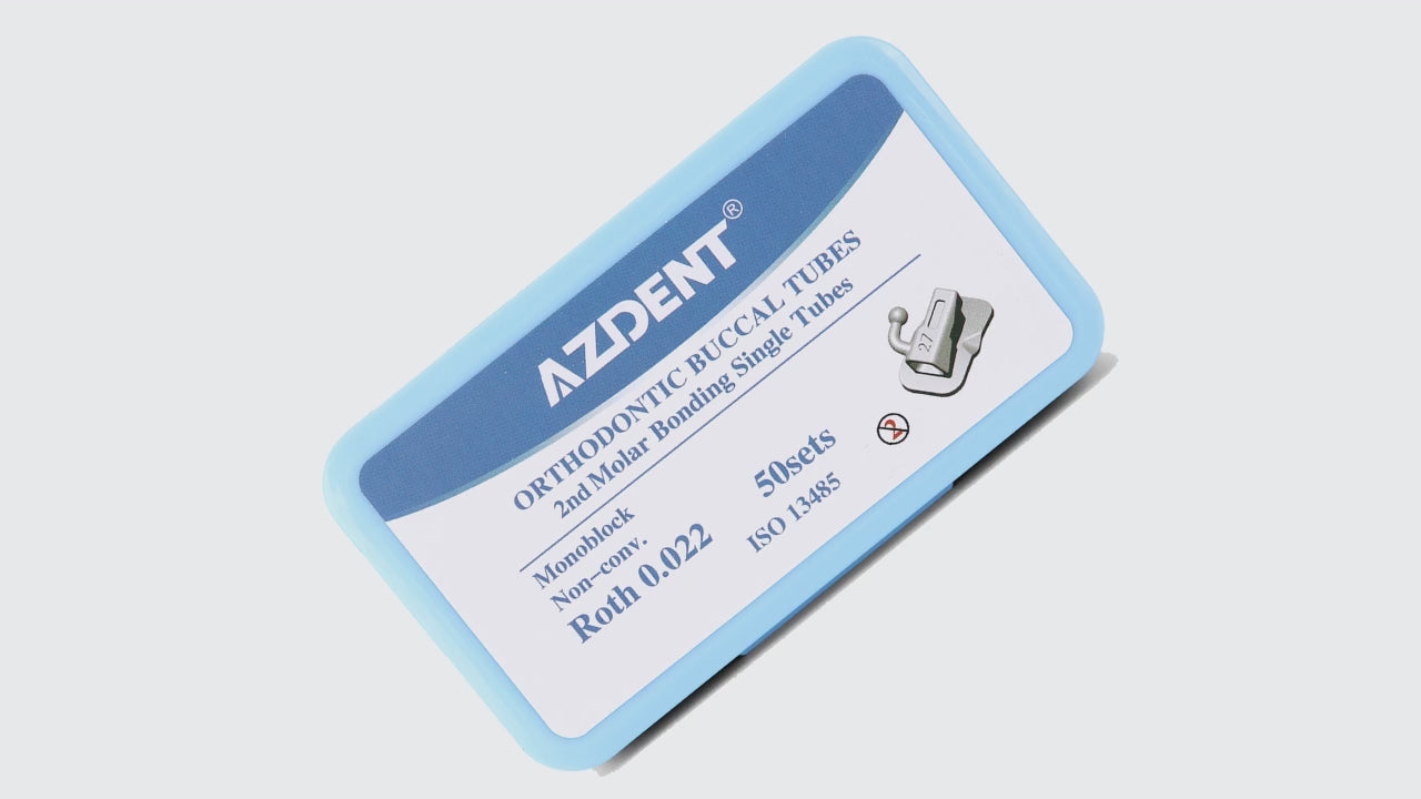 Load video: AZDENT Dental Orthodontic Buccal Tube 2nd Molar Bondable Monoblock Non-Convertible Roth 0.022 Laser Mark 50Sets/Box - azdentall.com