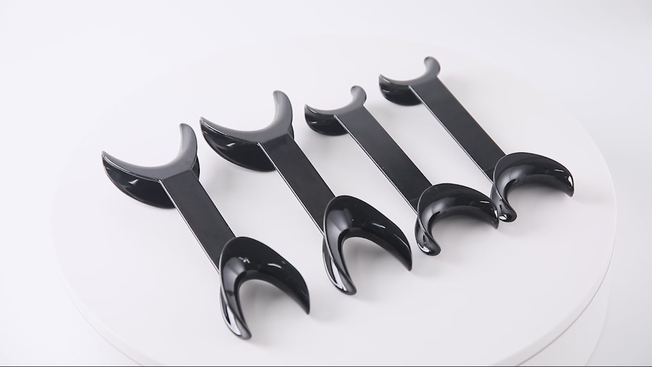 Load video: Dental T-Shape Double Head Cheek Retractors Mouth Opener Large &amp; Small Black/Transparent 4Pcs/Set - azdentall.com