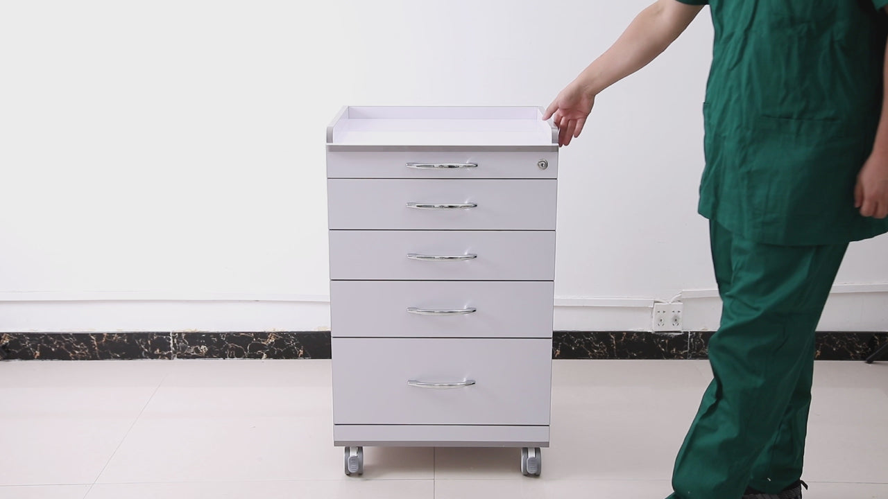 Load video: Dental NW-P4 Acrylic Mobile Cart Cabinet With Four Drawers &amp; Two Instrument Tray - azdentall.com