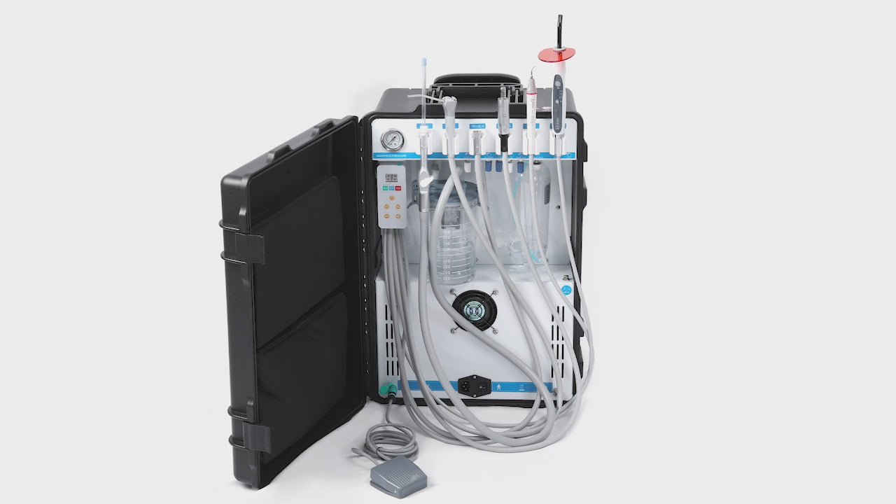 Load video: Portable Dental Delivery Unit P208 High Suction 4 Hole Built-in Electric Motor w/ Woodpecker Curing Light and Scaler &amp; Air Compressor - azdentall.com