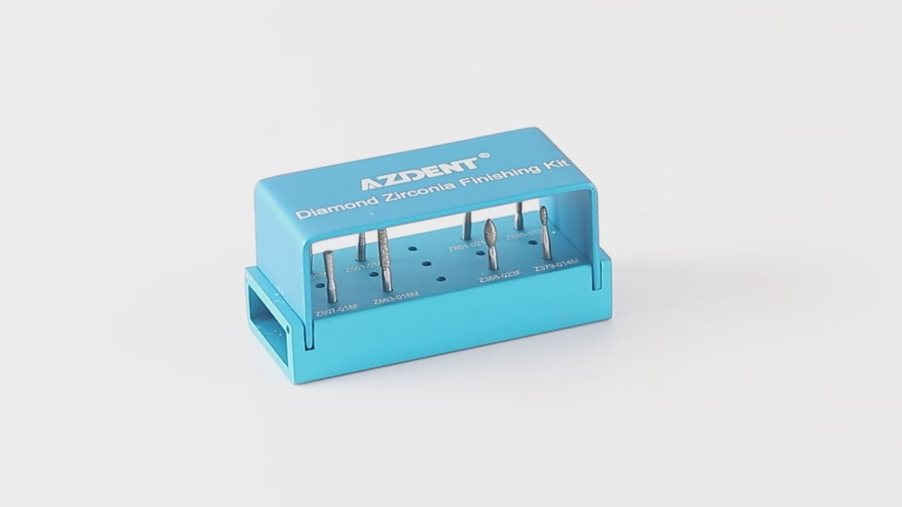 Load video: AZDENT Dental Zirconia Diamond Finishing Bur Kit FG 1.6mm Blue 8pcs/Box - azdentall.com