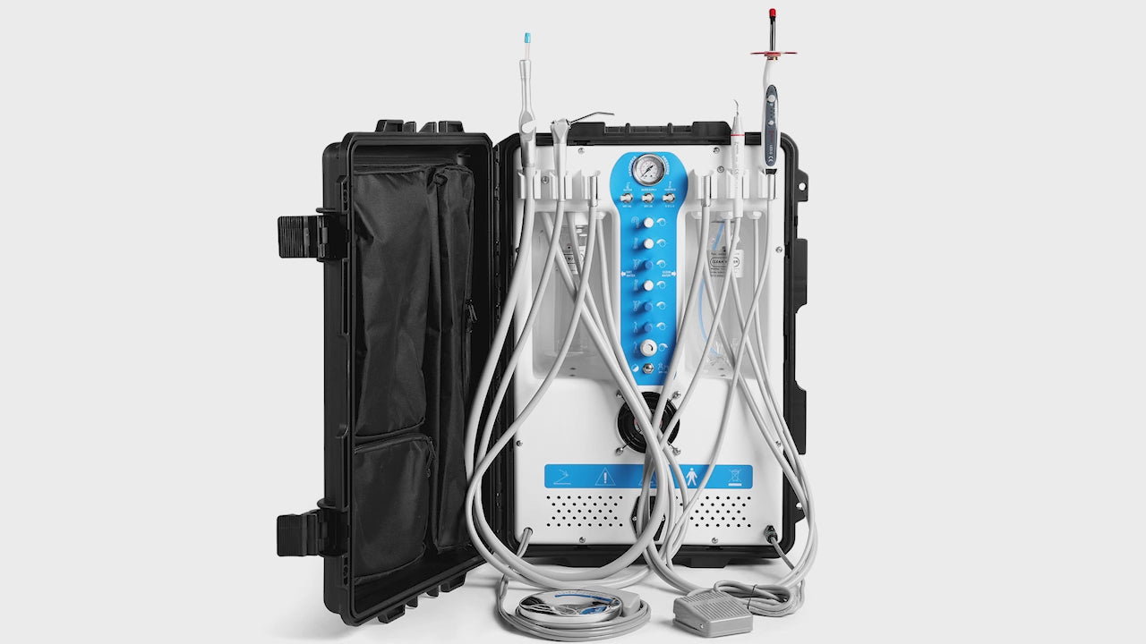 Load video: Dental Portable Delivery Unit P206S High Suction 4 Hole w/Air Compressor &amp; Woodpecker Curing Light and Scaler - azdentall.com