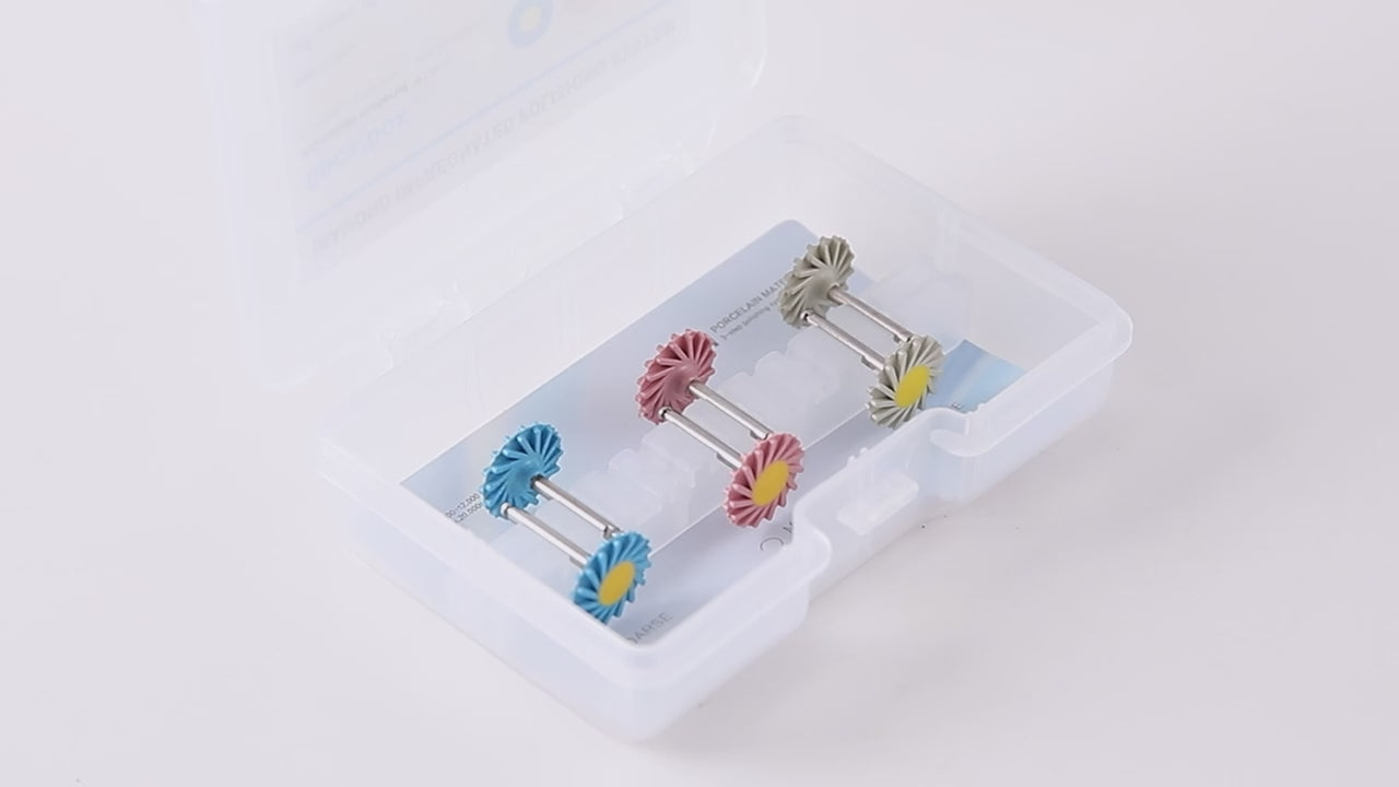 Load video: Dental Zirconia Polishing Wheel 3-Step Polishing System RA2.35mm for Contra Angle Handpiece 6pcs/Box - azdentall.com
