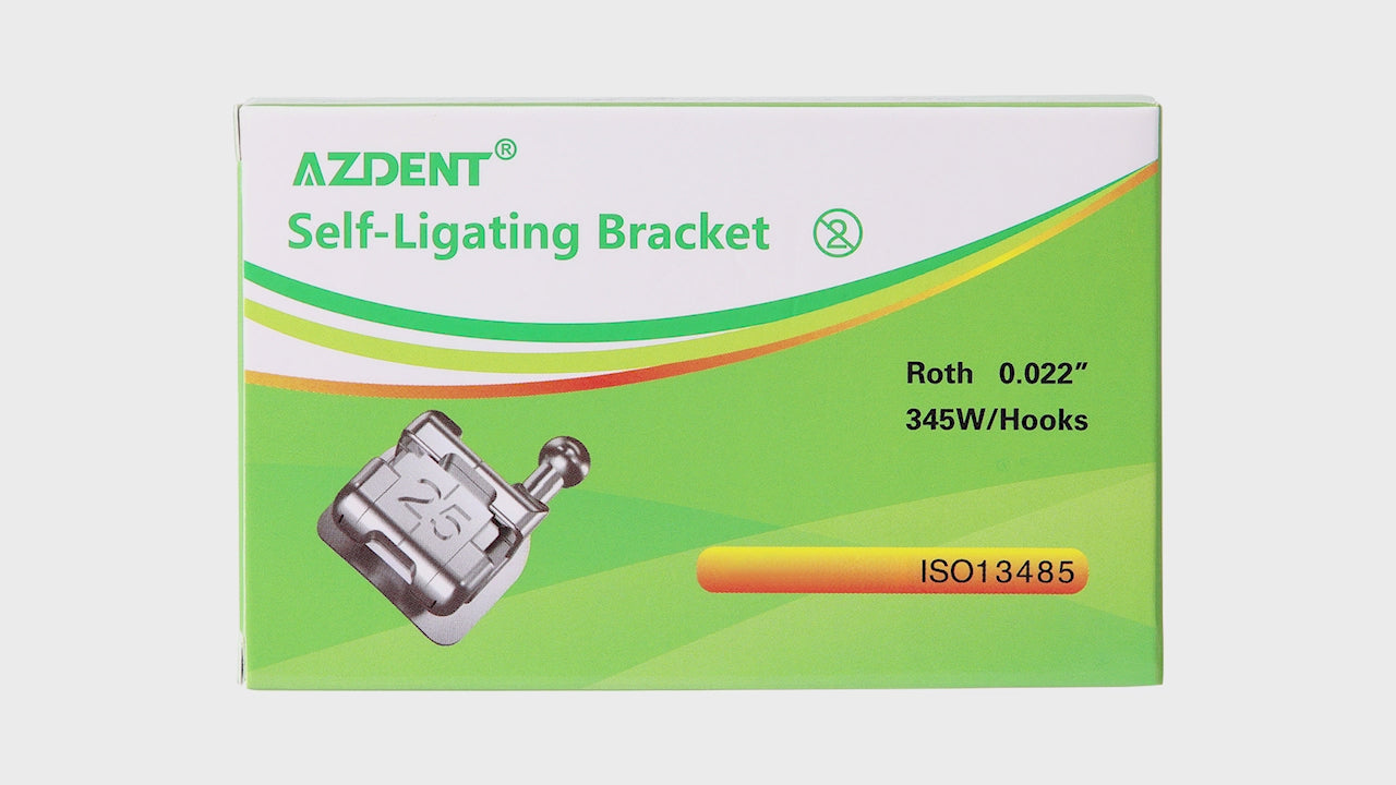 Load video: AZDENT Dental Metal Self-Ligating Brackets Mini Roth.022 Hooks 345 24/Kit - azdentall.com