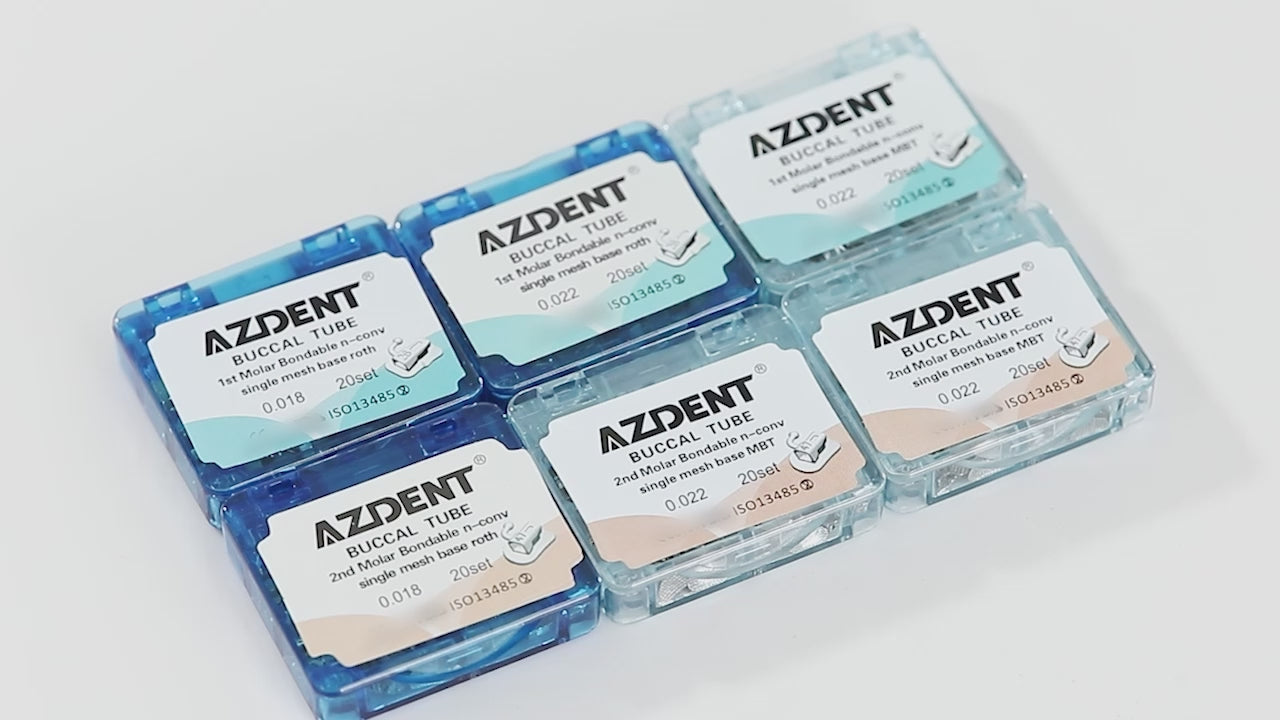 Load video: AZDENT Dental Orthodontic Buccal Tube 2nd Molar Bondable Split Non-Convertible MBT 0.022 20Sets/Box - azdentall.com