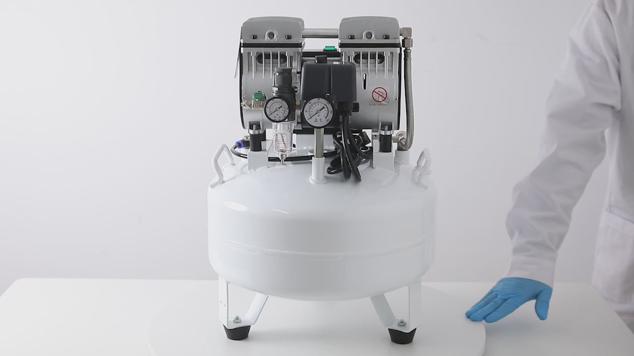 Load video: Dental Silent Oil Free Air Compressor 24L 600W Dual-Pressure Display for 1PC Dental Chair - azdentall.com