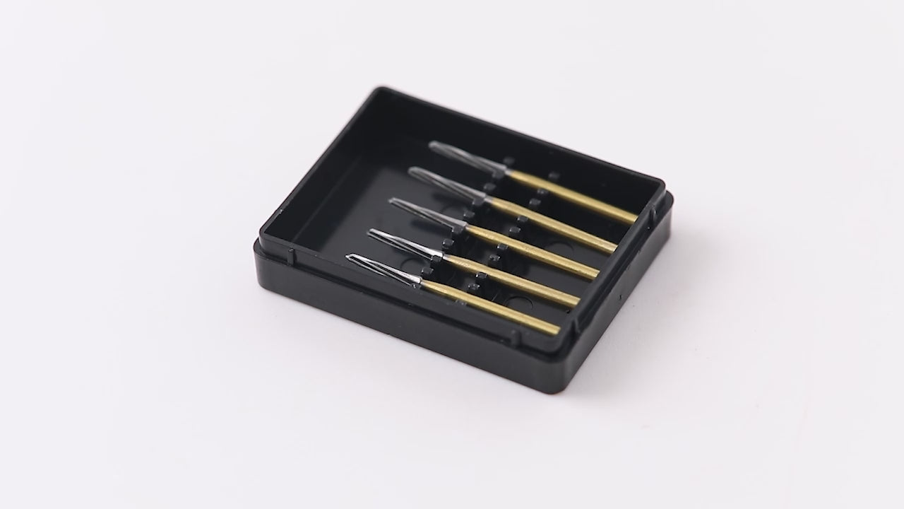 Load video: Dental Endodontic Carbide Burs FG Titanium Coated For Shaping Refining Endodontic Access Preparations 21/25/28mm 5Pcs/Box - azdentall.com