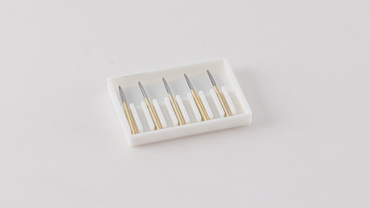 Load video: AZDENT Dental Tungsten Carbide Burs FG48L-012 Trimming &amp; Finishing Taper Fissure 5pcs/Box - azdentall.com