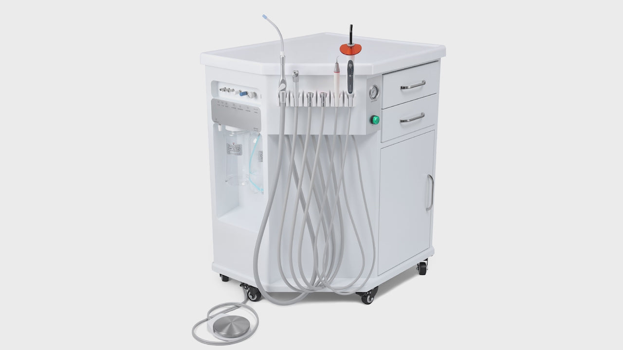Load video: Portable Dental Side Delivery Unit Cabinet Type P212 High Suction 4 Hole w/ Woodpecker Curing Light and Scaler &amp; Air Compressor - azdentall.com