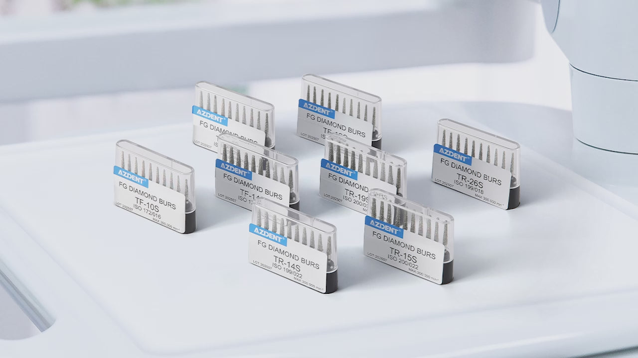 Load video: AZDENT Dental Diamond Burs Drills FG 1.6mm Flat/Round 10pcs/Box - azdentall.com