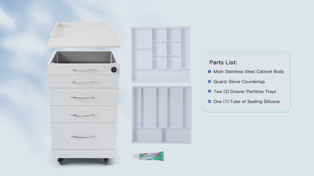 Load video: Dental C05A Quartz and Stainless Steel Four Drawer Mobile Cabinet &amp; Two Instrument Tray - azdentall.com