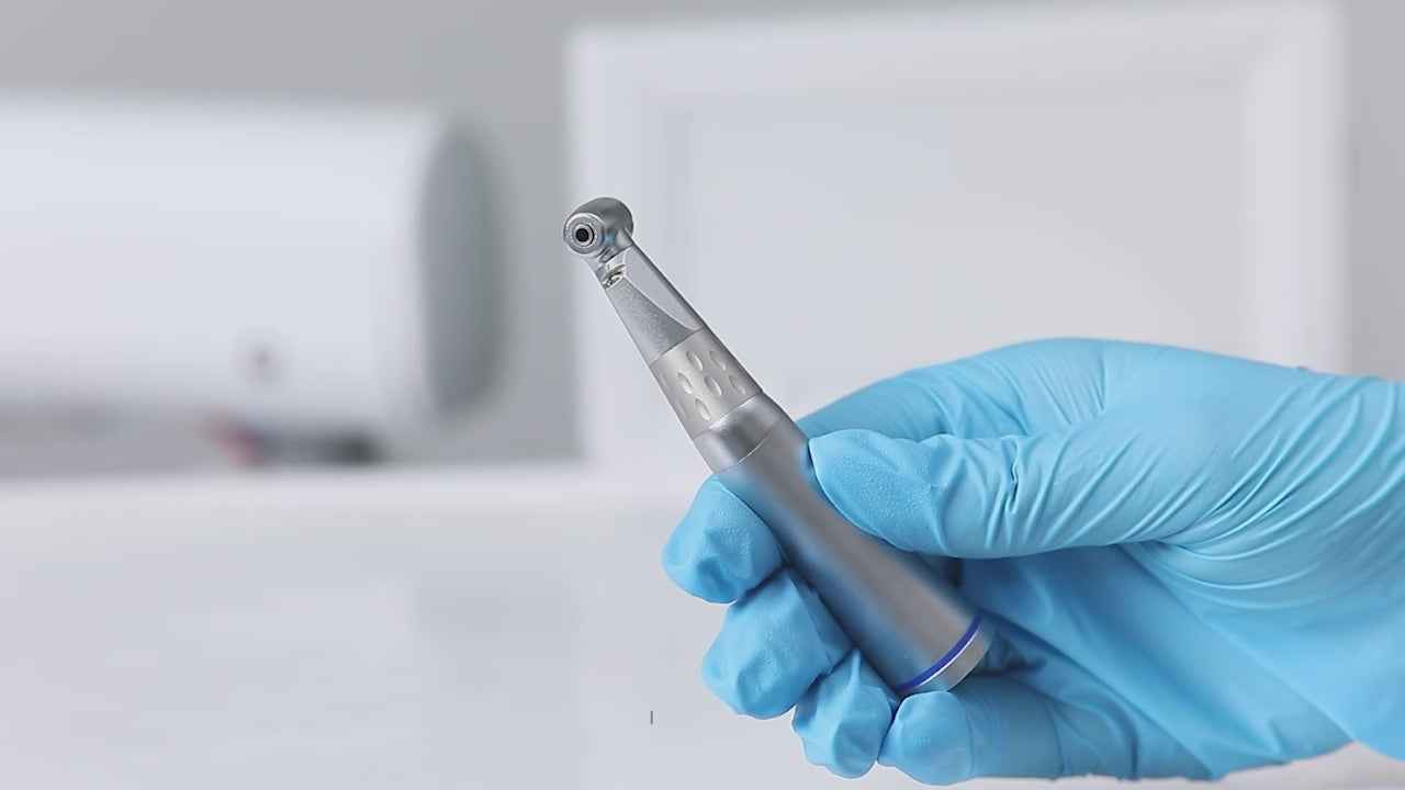 Load video: AZDENT Dental 1:1 LED Contra Angle Low Speed Handpiece with E-generator Internal Spray - azdentall.com