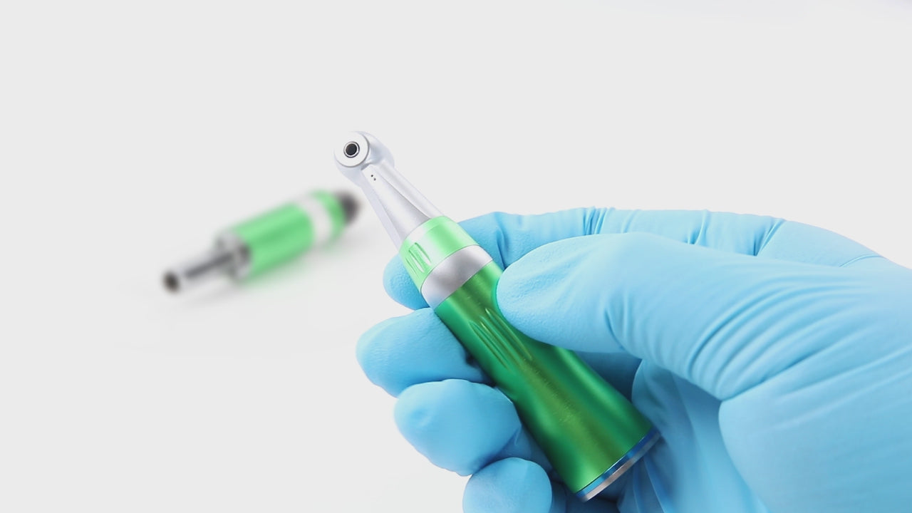 Load video: Dental Inner Water Low Speed Handpiece Contra Angle/ Air Motor/ Straight Handpiece Color Green 4 Hole - azdentall.com