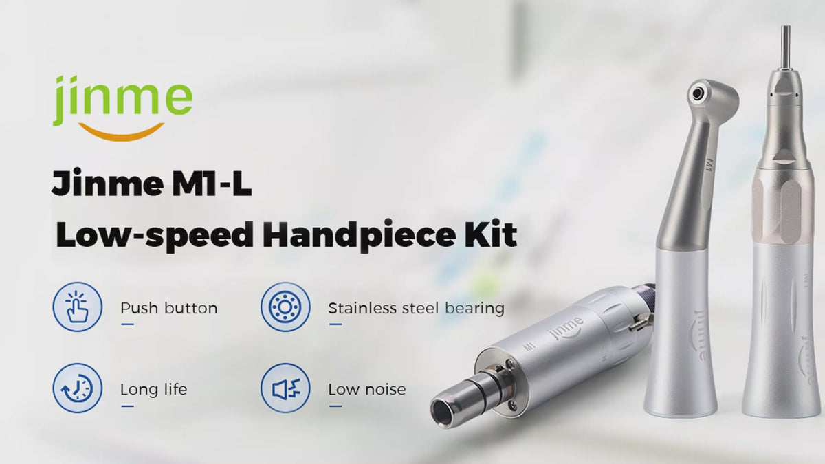 Load video: Jinme M1-L Low Speed Handpiece Kit 1:1 External Water Spray 4 Hole Contra Angle Straight Handpiece &amp; Air Motor - azdentall.com