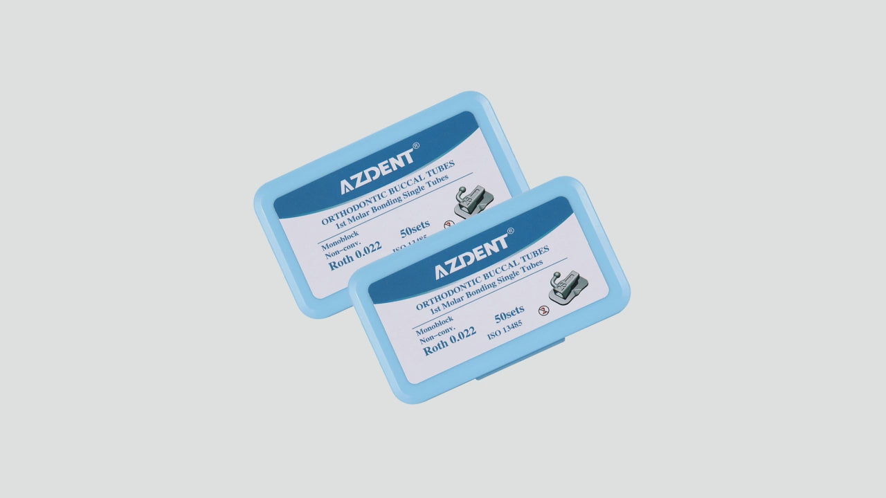 Load video: AZDENT Dental Orthodontic Buccal Tube 1st Molar Bondable Monoblock Non-Convertible Roth 0.022 50Sets/Box - azdentall.com