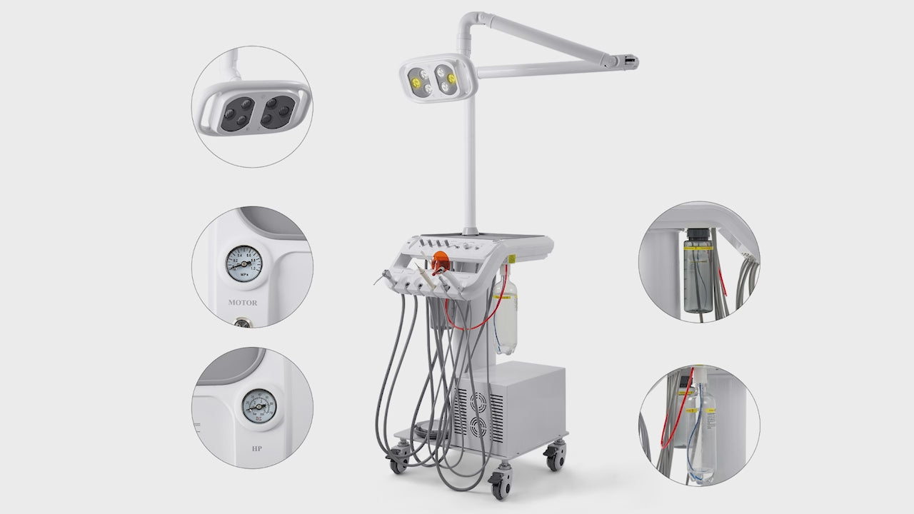 Load video: Portable Dental Mobile Cart Delivery Unit 4 Holes with 6 LED Light Lamp &amp; Air Compressor &amp; Woodpecker Scaler and Curing Light