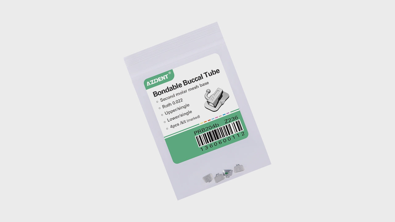 Load video: AZDENT Dental Orthodontic Buccal Tube 2nd Molar Bondable Non-Convertible Roth 0.022 Laser Mark 4pcs/Bag - azdentall.com
