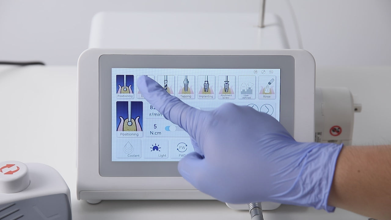 Load video: Dental Implant Motor System USB Data Export LED Touch Screen with 20:1 Contra Angle