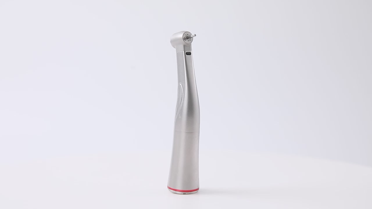 Load video: AZDENT Dental 1:5 Increasing Fiber Optic Electric Contra Angle Handpiece Stainless Steel Body Ceramic Bearing Internal Four Way Spray- azdentall.com