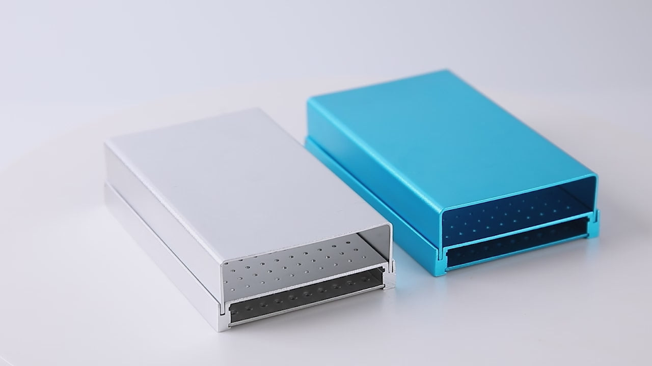 Load video: Dental Aluminum Bur Holder for High and Low Speed 152 Holes Blue / Silver - azdentall.com