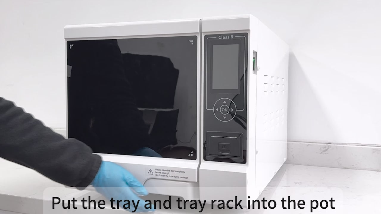 Load video: Dental Autoclave Steam Sterilizer Table Top LCD Built-in Printer Class B Dry Function 22L - azdentall.com